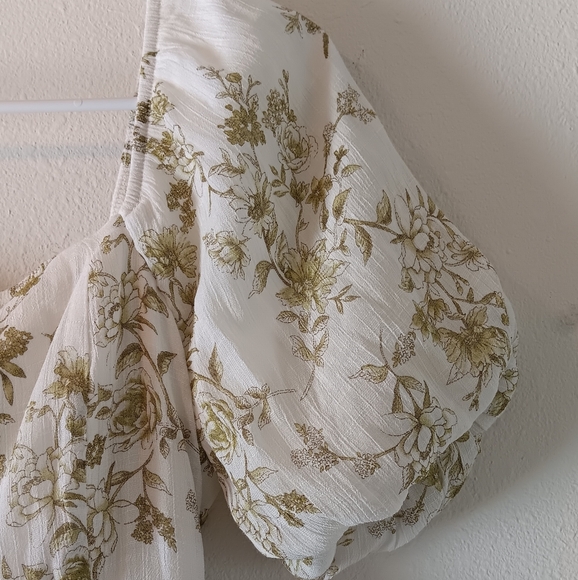 Blu Pepper Modest Square Neck Puff Sleeve White Green Toile Floral Mini Dress L - Picture 10 of 13